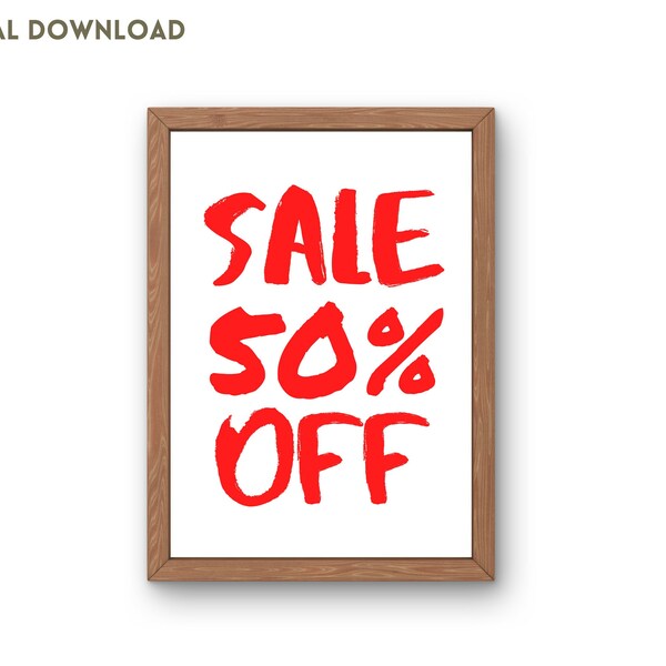 50% Off Sign, Printable Boutique Sale Poster, Retail Store Signage, Red, Business Promotion, Clearance Half Price Discount, Digital Download