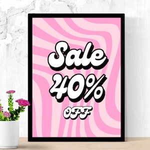 Cartello di vendita con sconto del 40%, cartello di vendita rosa per negozio al dettaglio o boutique, segnaletica promozionale aziendale, poster di vendita stampabile, retrò, download digitale