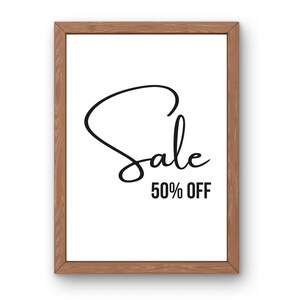 Placa de venda de 50% de desconto, sinalização de desconto de 50%, pôster moderno de loja de varejo, liquidação, preto e branco, impressão digital para download