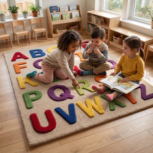May include: A rectangular beige area rug featuring large, raised, multi-colored alphabet letters in red, blue, orange, yellow, green, and purple. The rug has a soft, textured pile surface and displays the full alphabet in a repeating pattern.