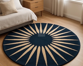 Tapete tufado à mão de 8x8 pés, 100% lã, 7 x 7 pés, moderno de meados do século, com detalhes em sunburst redondo, azul marinho e bege, para quarto, 9x9 pés