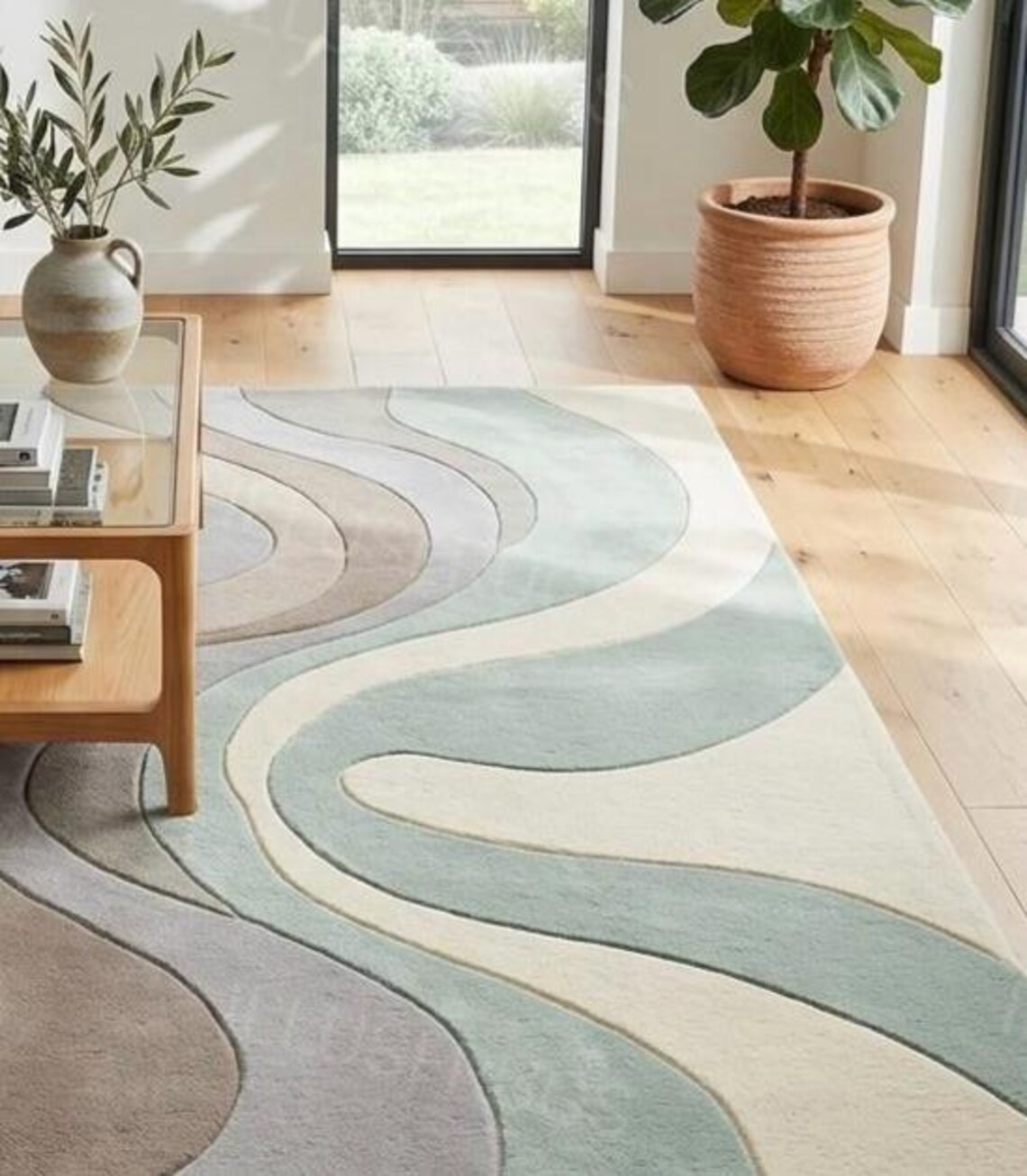 Luxury Abstract Wavy Modern Area Rug – Hand Tufted Soft Wool Blend ...
