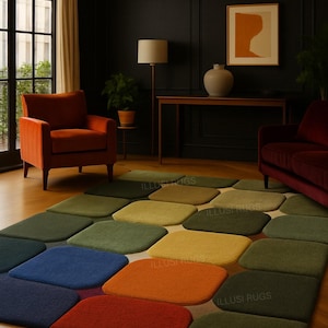 Handgetufteter moderner Farbblock-Teppich | Geometrischer mehrfarbiger handgemachter Wollteppich | Zeitgenössische Wohnzimmer Statement Bodendekoration