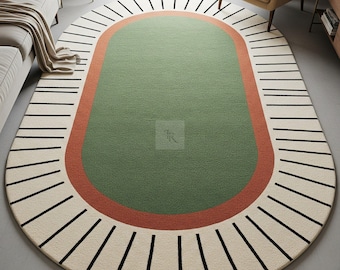 5x8ft/8x10ft Hand Tufted 100%wool Area Rugs,Large Oval Modern Retro Rug – Green , Terracotta Sunburst Design – Mid-Century Modern Carpet