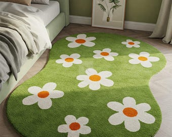 5x8ft/8x10ft Hand Tufted 100%wool Area Rugs,Whimsical Daisy Meadow Rug – 5x8 ft | Curvy Green Carpet with White Flowers for Cozy Bedrooms