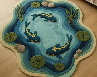 6 x 6 ft, 7 x 7 ft Handgetufteter Koi Teichteppich • 3D Karpfen Fisch Design • Premium Wollteppich • Dekorativer Teichteppich für Kinderzimmer & Wohnzimmer