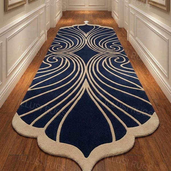 Handmade Navy Blue Wool Runner Rug | Art Deco Design Hallway Carpet