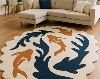 Hand-Tufted Wool Koi Fish Rug | Japanese-Inspired Area Carpet