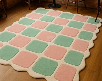 Tapetes de lã 100% tufados à mão de 5 x 7 pés, &quot;Tapete xadrez retrô ondulado - Tapete tufado macio rosa pastel verde, decoração estética para sala de estar&quot;