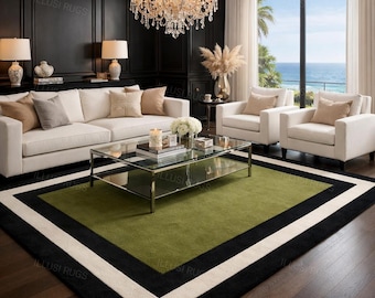 Green & Black Border Area Rug | Modern Wool-Look Carpet