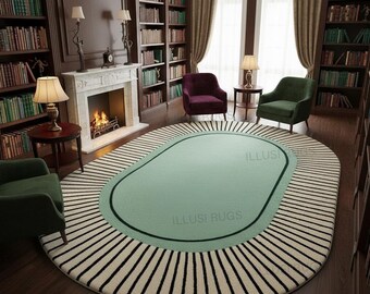 Tappeti ovali grandi, trapuntati a mano, 100% lana, stile moderno retrò, colore menta, design a raggiera, tappeto moderno di metà secolo 5x8, 6x9, 7x10, 8x10.