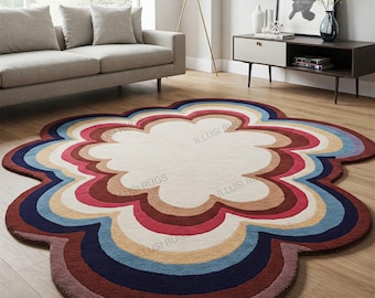 Large Wool Scalloped Area Rug, Multi-Color Boho Flower Design