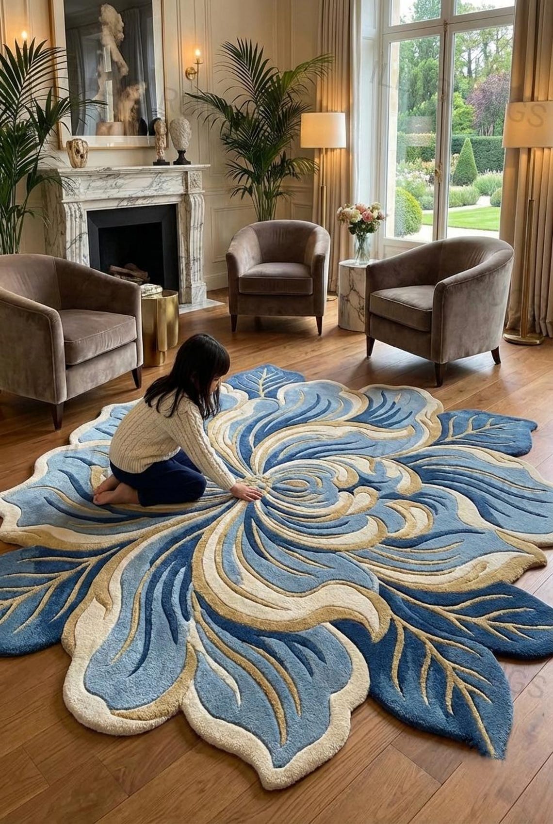 Luxury Blue Floral Hand-tufted Rug | 3D Flower Shape Carpet | Living ...