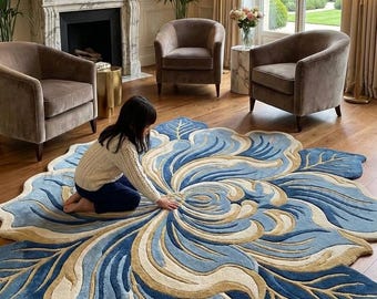 Luxury Blue Floral Hand-Tufted Rug | 3D Flower Shape Carpet | Living Room Accent Rug | Soft Cozy Modern Area Rug Home Decor
