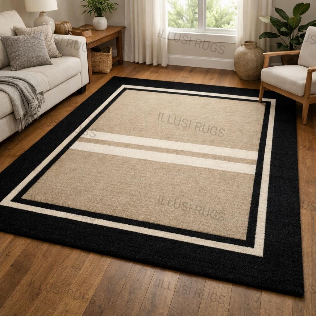 Black Border Wool Area Rug – Modern Minimalist Beige Carpet - Etsy