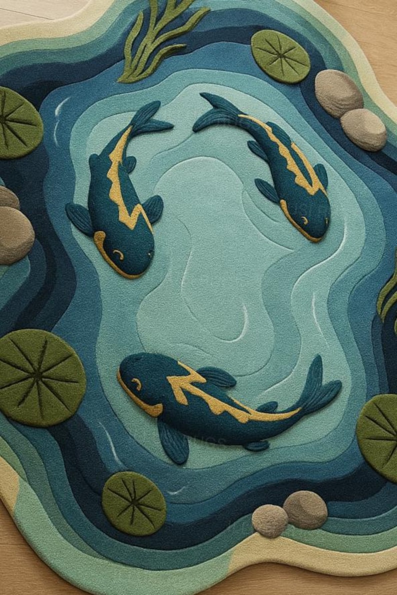 Custom Fish Can Rug 6x6ft,7x7ft Hand-tufted Koi Pond Rug • 3D Carp Fish Design • Premium ...