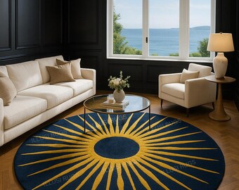 Hand-Tufted Wool Sunburst Rug – Navy & Gold, Modern Living Room