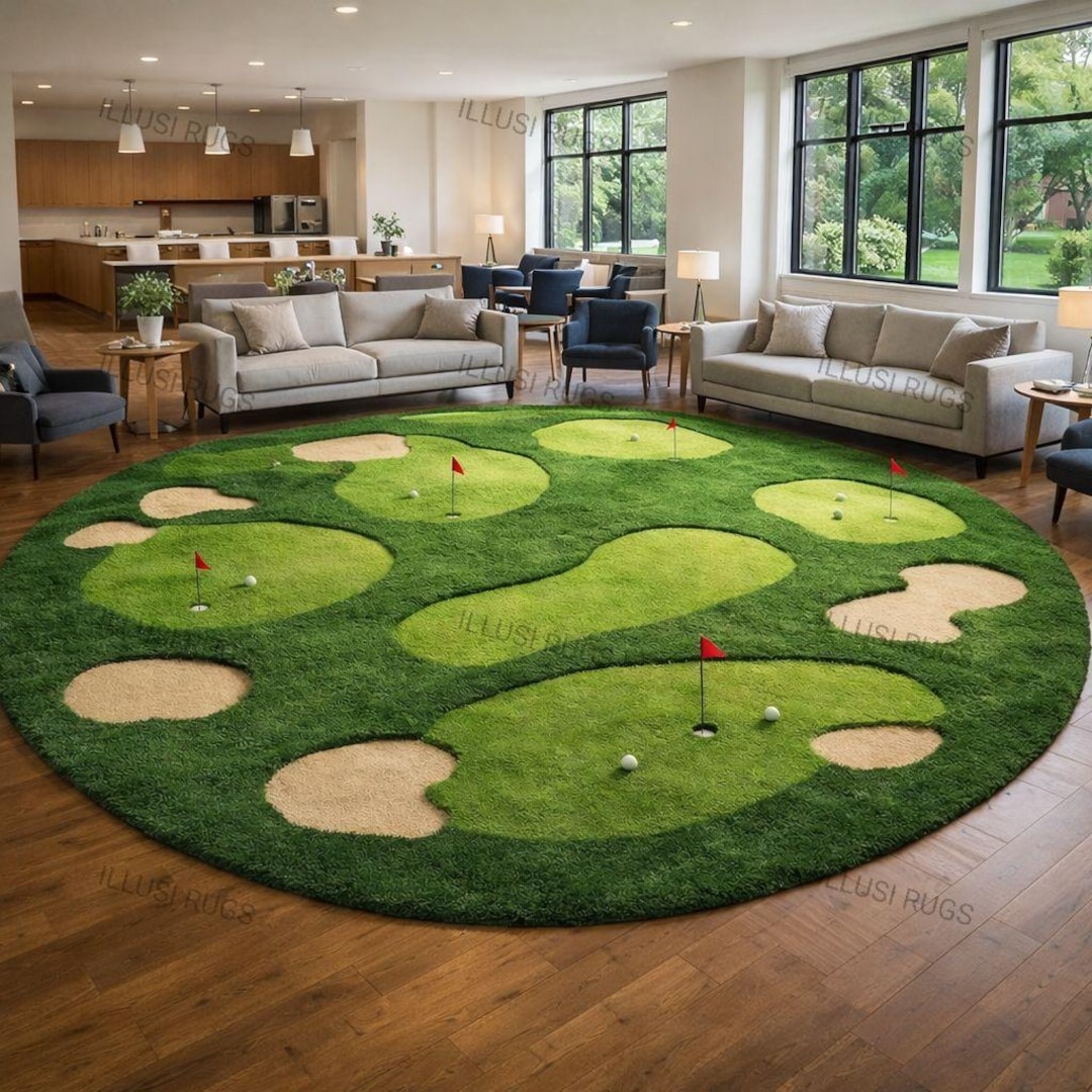 Luxury Hand-tufted Golf Course Round Rug – Green Putting Turf Design ...