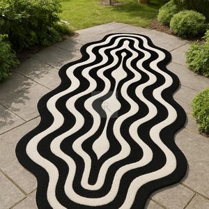 4x12ft Hand Tufted rug 4x18ft Wavy Mirage Modern Runner Rug 3x12ft– Black & White Optical Illusion– 2.5x8ft Contemporary Art-Inspired Carpet
