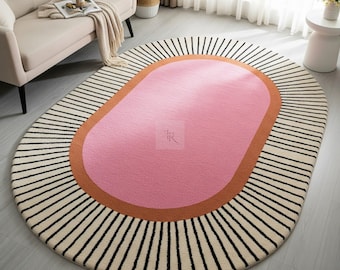 Tappeto ovale grande, moderno e retrò, annodato a mano, 244 x 305 cm, colore rosa, con motivo a raggiera color terracotta, stile moderno di metà secolo.