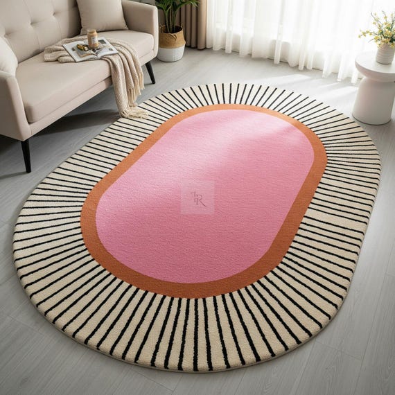 8x10ft Hand Tufted 100%wool Area Rugs Large Oval Modern Retro Rug – pink , Terracotta Sunburst Design – Mid-Century Modern Carpet