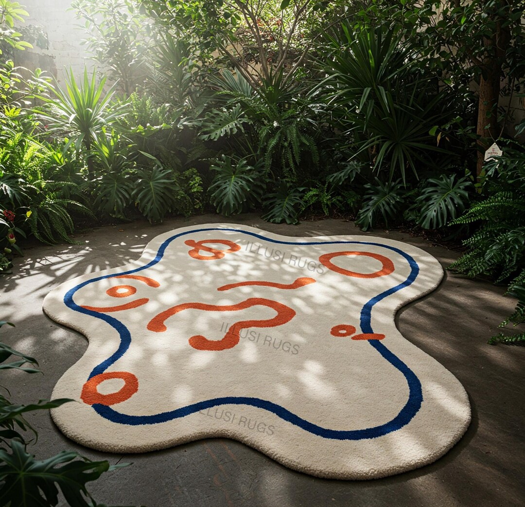 Large Scalloped White Blue Color Area Rug 5x7 Organic Blob Abstract Rug ...