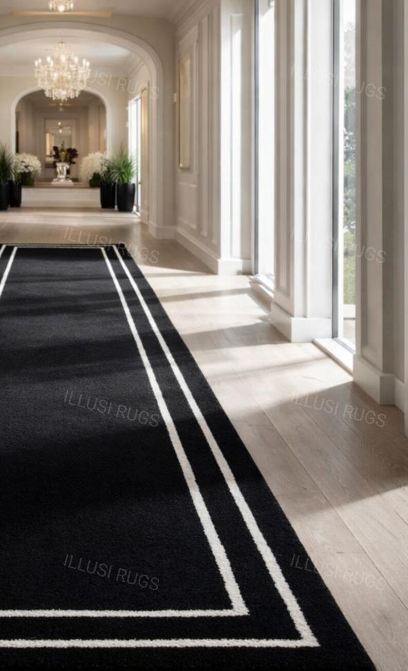 Border Rug Runner Luxury Black Modern Border Runner Rug for Hallway | Wool-look Soft ...