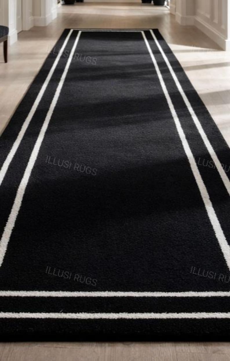 Border Rug Runner Luxury Black Modern Border Runner Rug for Hallway | Wool-look Soft ...