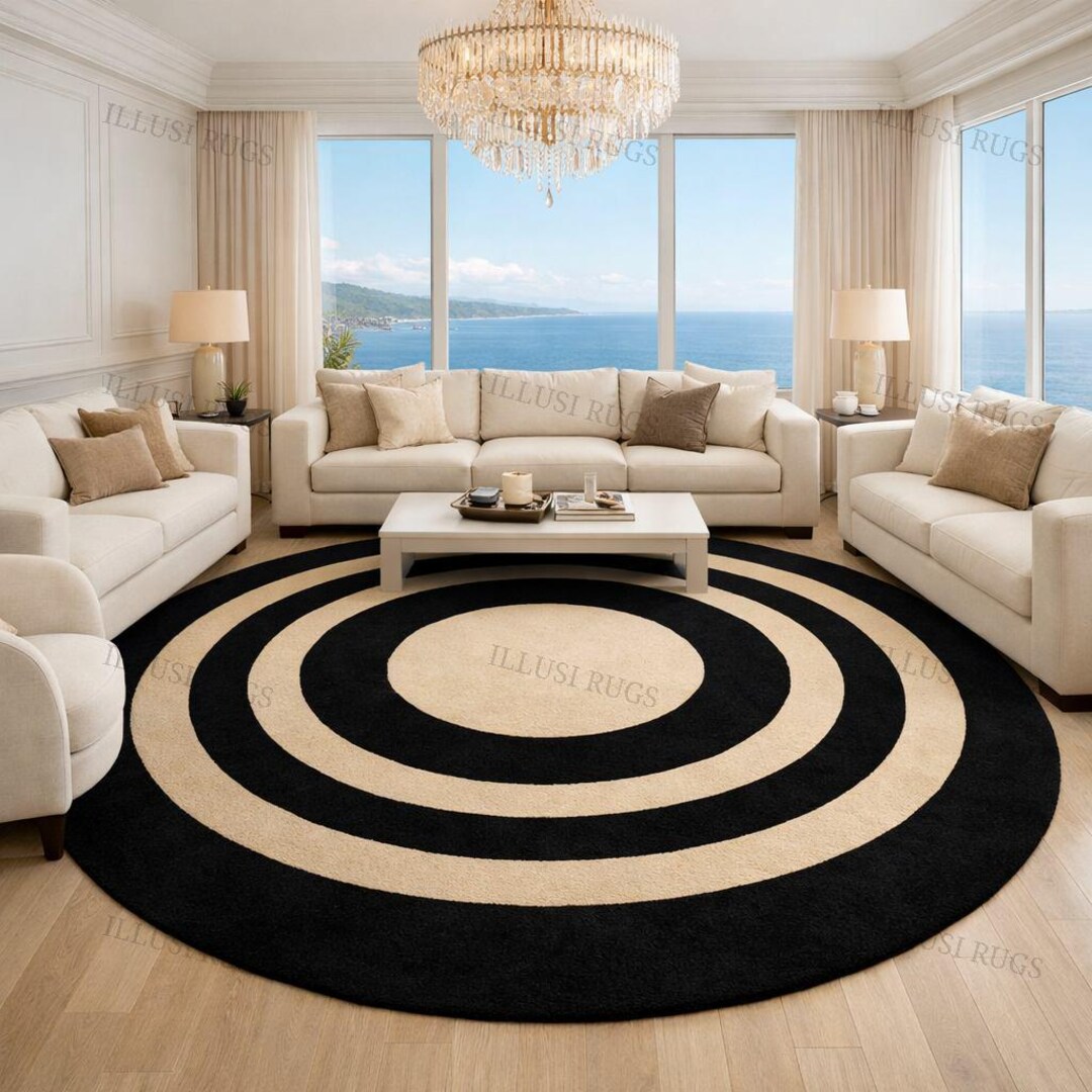 Hand-tufted Wool Circle Rug: Black & Beige Concentric Design - Etsy