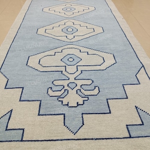 Hermosa alfombra Oushak moderna de color azul plateado de 2,6 x 12 pies/3 x 12 pies, alfombra de nudo turco de 3 x 5 pies, alfombras de lana anudadas a mano para sala de estar de 2,6 x 10 pies