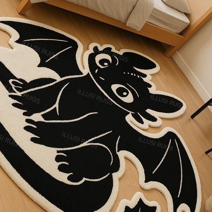 8x8feet Toothless Shaped Rug – Hand-tufted Black & Cream Dragon