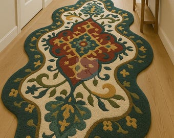 3X12FT/3x9ft Hand Tufted rug Ornate Wavy Edge Boho Runner Rug – Multicolor Floral Pattern Hallway Carpet 4x12ft– Handmade Accent Rug 3x15ft