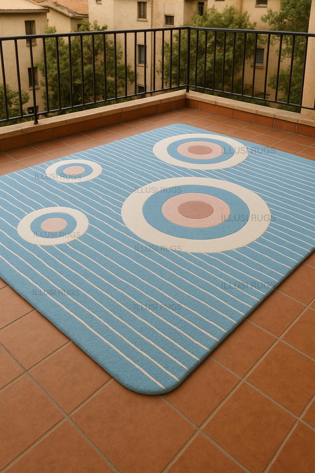 5x8ft Retro Boho Target Circles Rug Tufted 100%wool ,soft Blue and