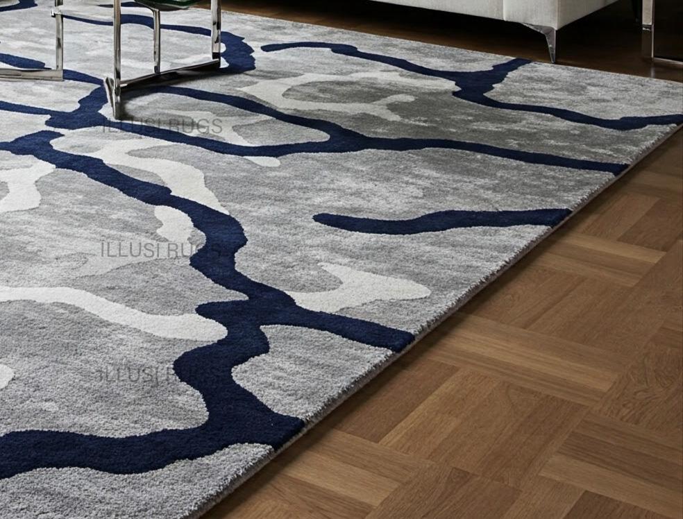 Hand Tufted Wool Area Rug 8x10 – Modern Abstract Navy Blue Gray Carpet ...
