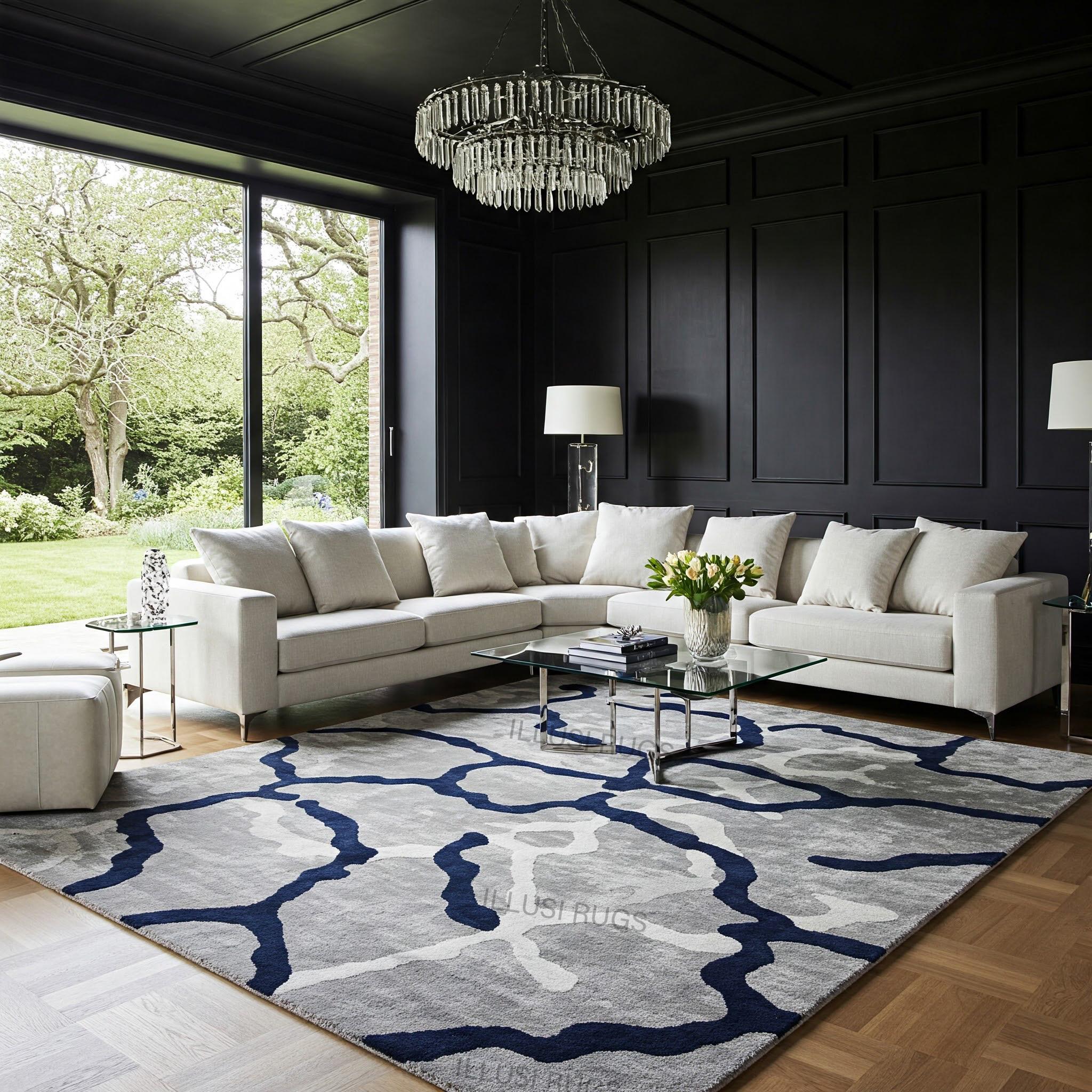 Hand Tufted Wool Area Rug 8x10 – Modern Abstract Navy Blue Gray Carpet ...