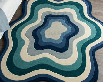 7x10ft Ocean Wave Ripple Rug – Abstract Irregular Area Carpet in Blue & Teal Tones – 5x7 ft Modern Wavy Floor Decor Bedroom Decor 9x12ft