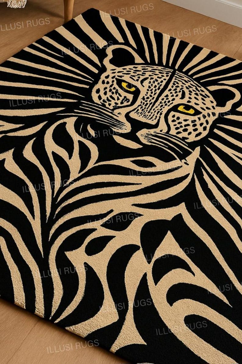 8x10ft Large Wild Lepord Rug | Bold Black & Beige Leopard Face Area Rug ...