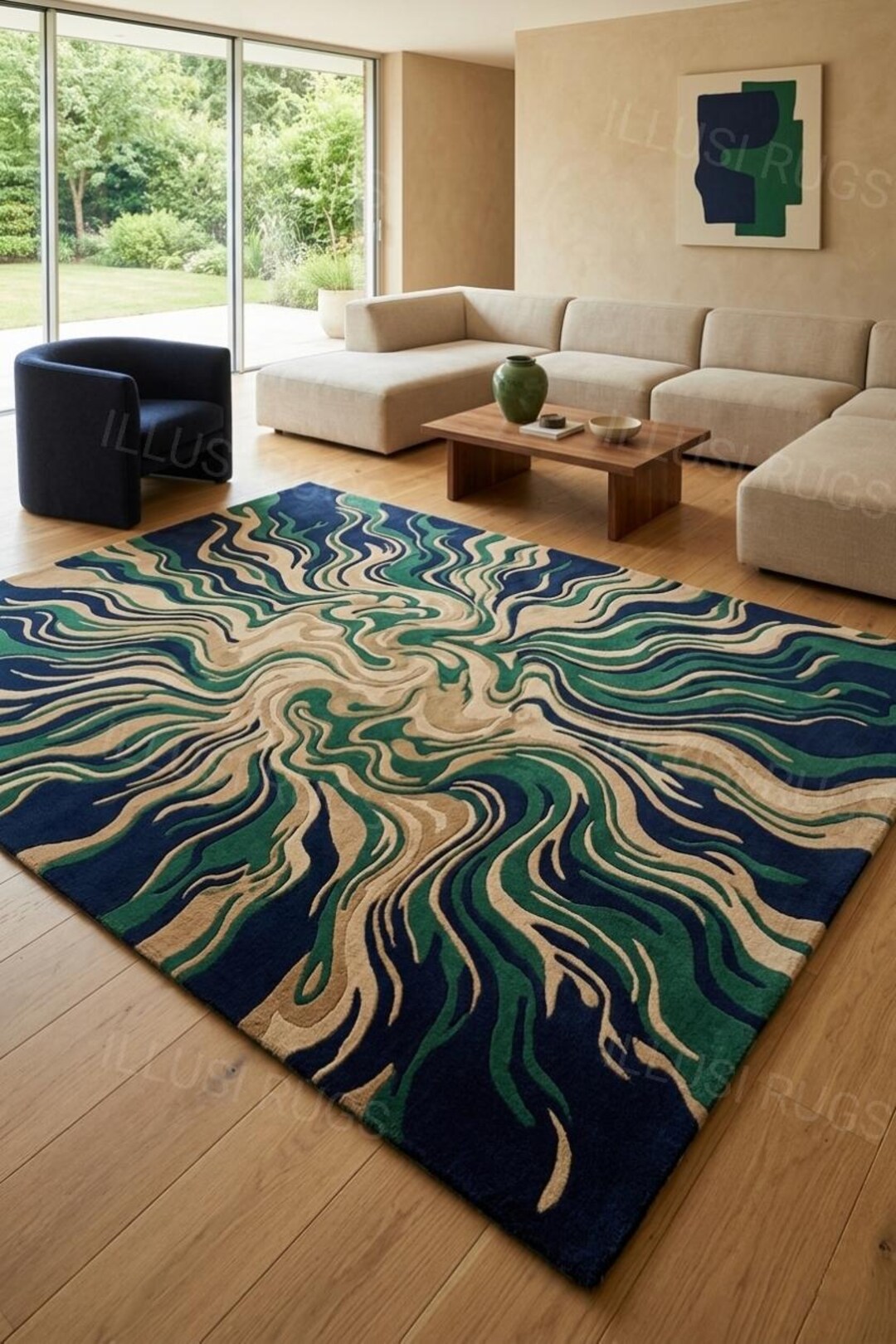 Modern Abstract Green Blue Area Rug – Hand Tufted Contemporary Wool Rug ...
