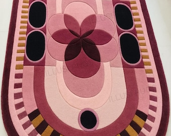 Hand-Tufted Pink Geometric Oval Wool Rug – Modern Art Deco Area Carpet | Luxury Soft NZ Wool Floor Decor for Living Room, Bedroom & Entryway