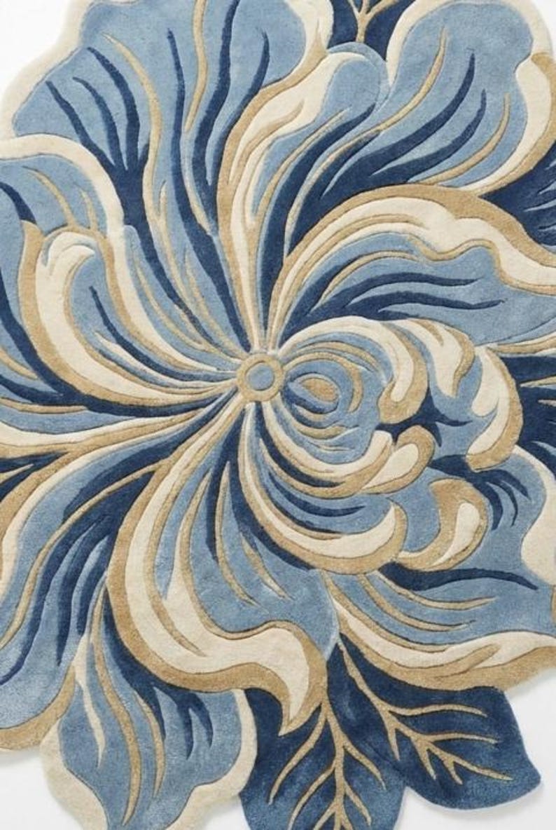Luxury Blue Floral Hand-tufted Rug | 3D Flower Shape Carpet | Living ...