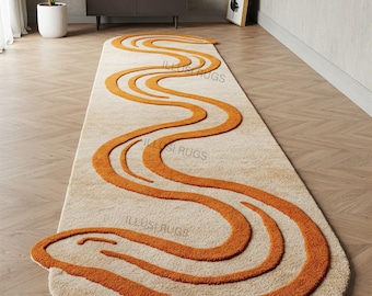 Hand Tufted rug Modern Wavy Abstract Runner Rug –2.6x12 – Textured Beige & Burnt Orange Hallway Carpet”