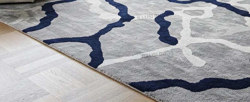 Hand Tufted Wool Area Rug 8x10 – Modern Abstract Navy Blue Gray Carpet ...