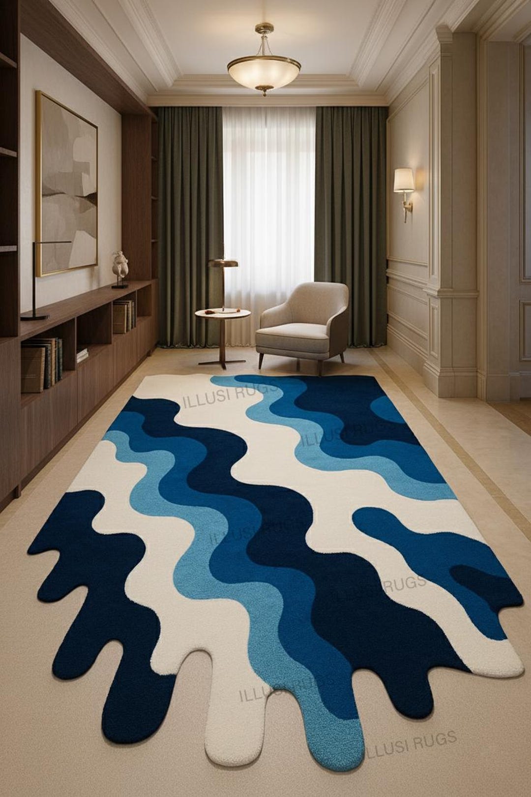 Blue Wavy Pattern Rug Modern Wave Pattern Area Rug | Hand-tufted Wool Carpet in Navy Blue ...