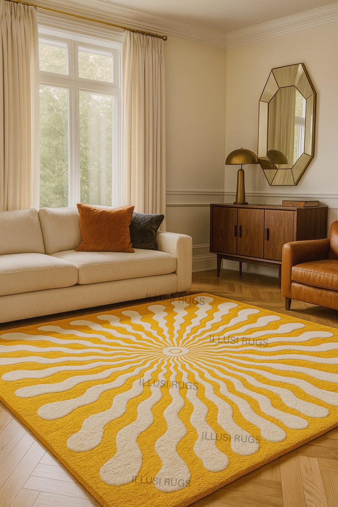 Retro Yellow & White Sunburst Hand-tufted Wool Area Rug | Modern ...