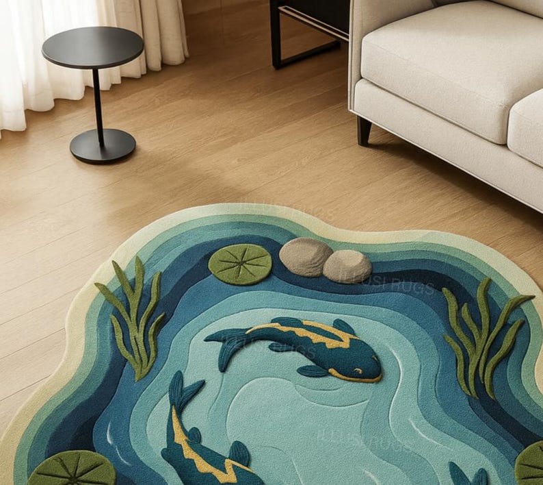 Aquatic Rug 6x6ft,7x7ft Hand-tufted Koi Pond Rug • 3D Carp Fish Design • Premium ...