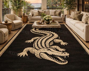 Alfombra de cocodrilo de lana tejida a mano / Alfombra negra con estampado animal