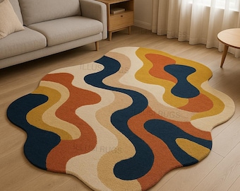 Retro Wavy Abstract Area Rug – Hand-Tufted Wool, Modern Scalloped Shape, Mid-Century Colorful Living Room Carpet, Premium Soft Artistic rug