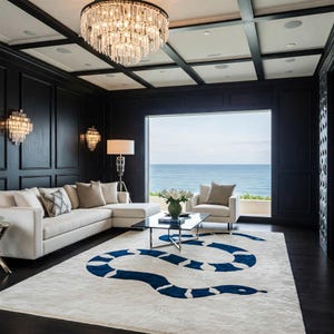 Puede incluir: Una alfombra blanca, crema y azul con un diseño de serpiente. La alfombra está en una sala de estar con un sofá seccional blanco, una mesa de café de vidrio y una silla. La habitación tiene una ventana grande con vista al océano.