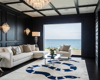 Tapetes 100% lã tufados à mão, tapete luxuoso com estampa de cobra costeira – 2,4 x 3 m | Decoração náutica moderna para sala de estar com tapete com estampa de cobra e vista para o mar