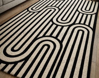 Hand-Tufted Wool Area Rug – Black & Ivory Abstract Maze Design